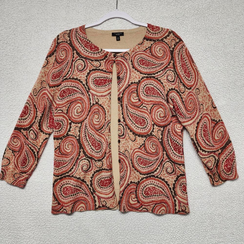 Talbots Paisley Cardigan Sweater Womens M Orange Tan 100% Cotton Fall Autumn